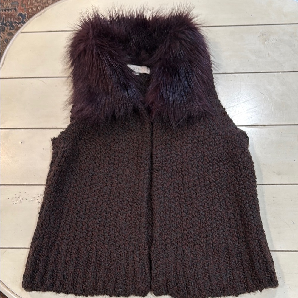 LOFT Brown Knit Vest with Faux Fur Trim
